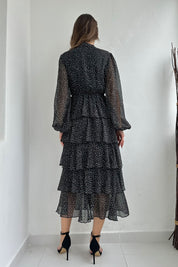 Siyah Puantiyeli Volanlı Şifon Kat Elbise SY-0087-Siyah