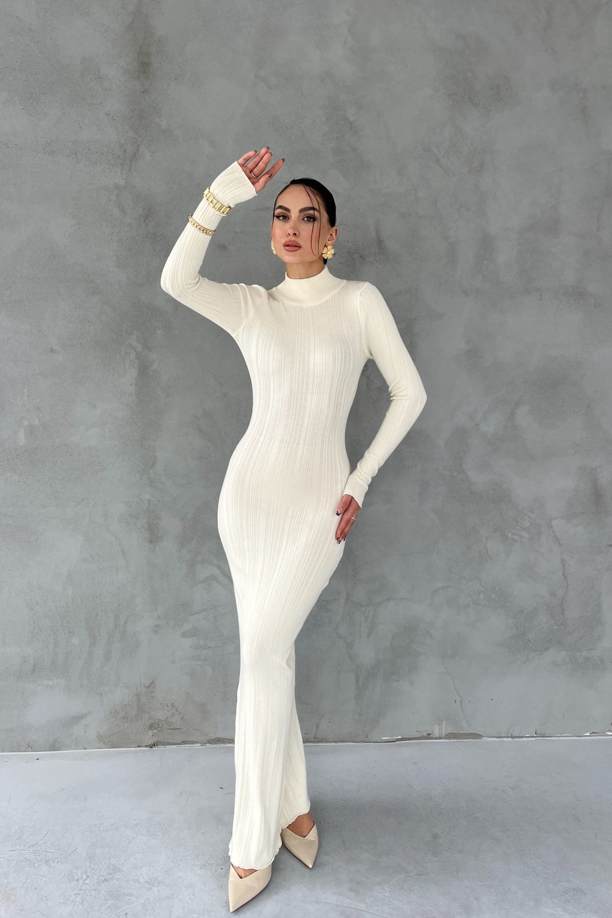 Krem Fitilli Yarım Balıkçı Yaka Uzun Triko Elbise SY-2627-Krem