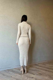 Bej Yarım Balıkçı Yaka Kazak ve Etek Triko Takım SY-1497-Bej