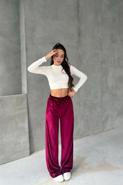 Bordo Paine Kadife Beli Lastikli Pantolon SY-2645-Bordo