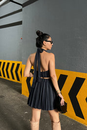 Lacivert Gold Düğmeli Boyundan Bağlamalı Yelek Ve Piliseli Etek Takımı SY-1091-Lacivert