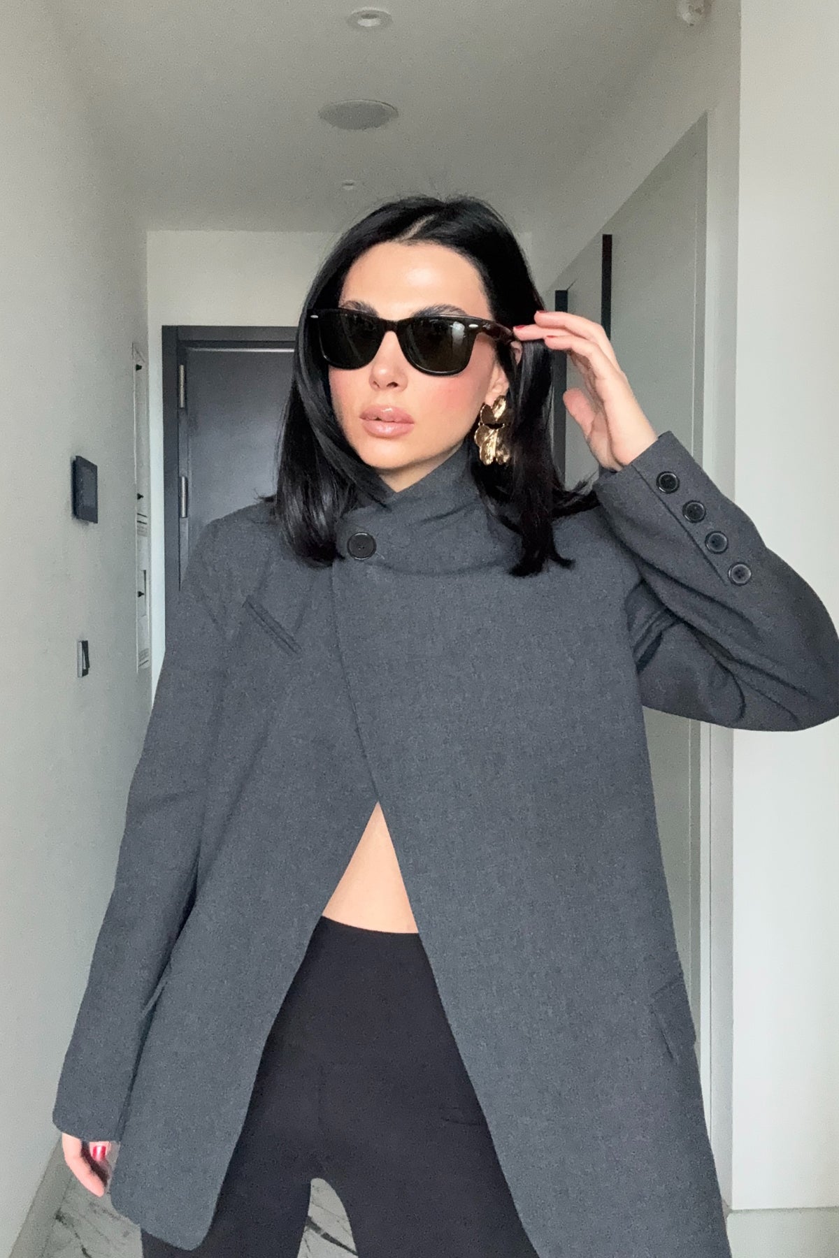 Antrasit Tek Düğmeli Dik Yaka Detaylı Tasarım Ceket SY-3482-Antrasit