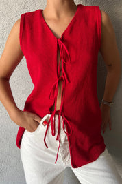 Kırmızı Bağcıklı Triko Yelek SY-2367-Kırmızı