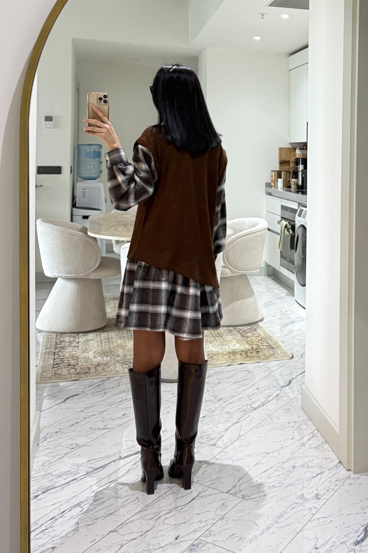 Ekoseli Süveter Detaylı Mini Elbise SY-3592-Kahve