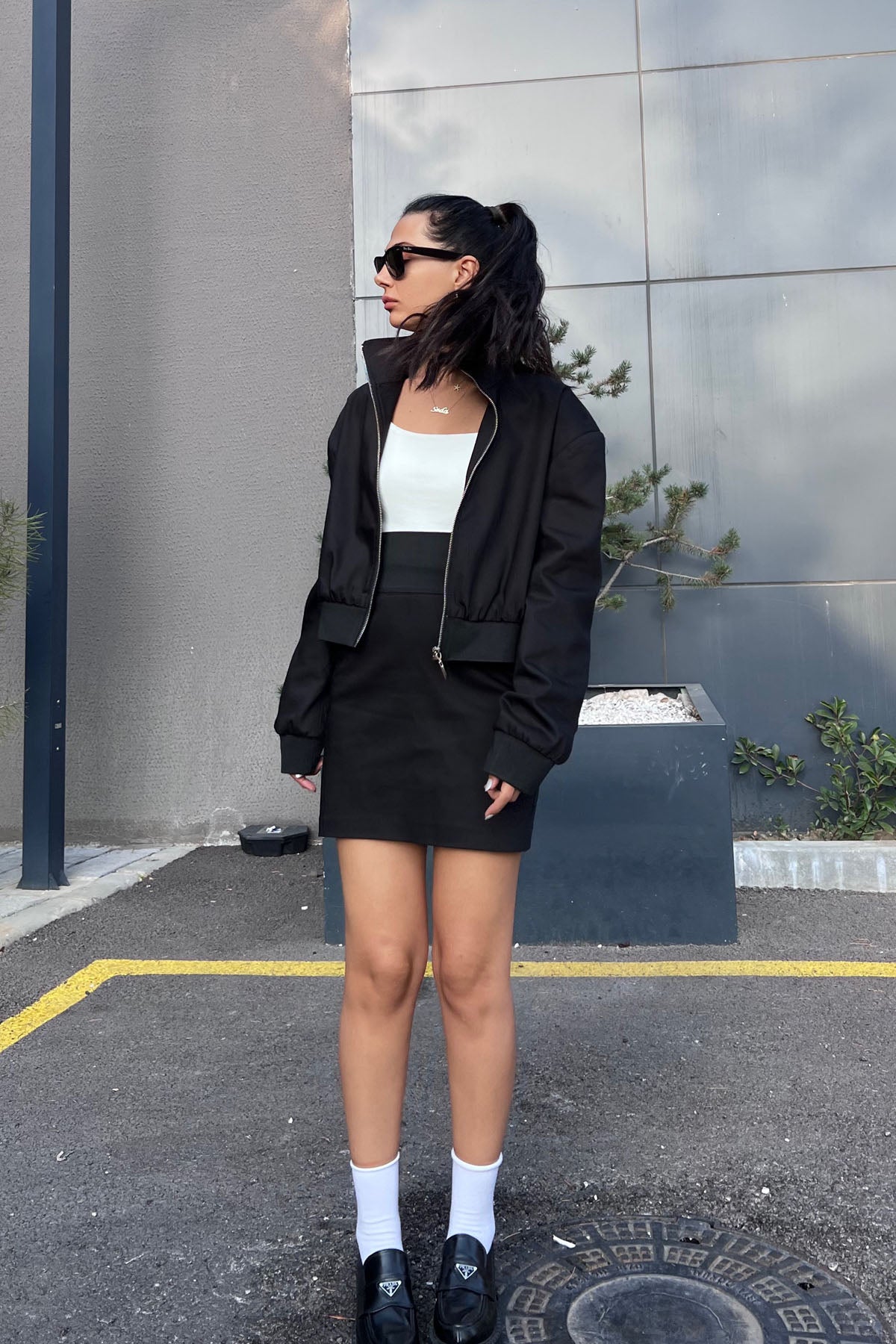 Siyah Fermuar Detaylı Bomber Ceket ve Etek Takım SY-0980-Siyah