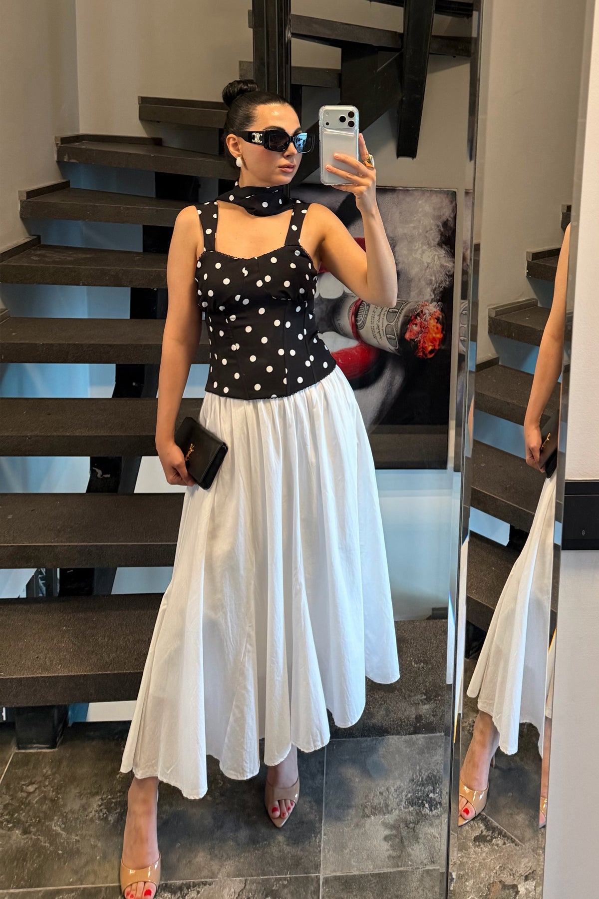 Siyah Puantiyeli Fularlı Korse Bluz SY-3719-Siyah