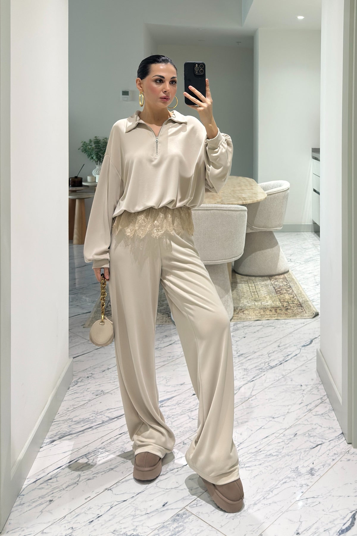 Bej Dantel Detaylı Eşofman10Takım SY-3627-Bej