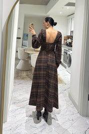 Kare Yaka Kemerli Ekoseli Elbise Kahve-Siyah SY-3588-Kahverengi