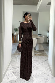 Kahve Toka Detaylı Dantel Uzun Elbise SY-3547-Kahverengi