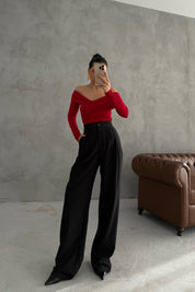 Siyah Çift Pile Detaylı Palazzo Pantolon SY-2028-Siyah