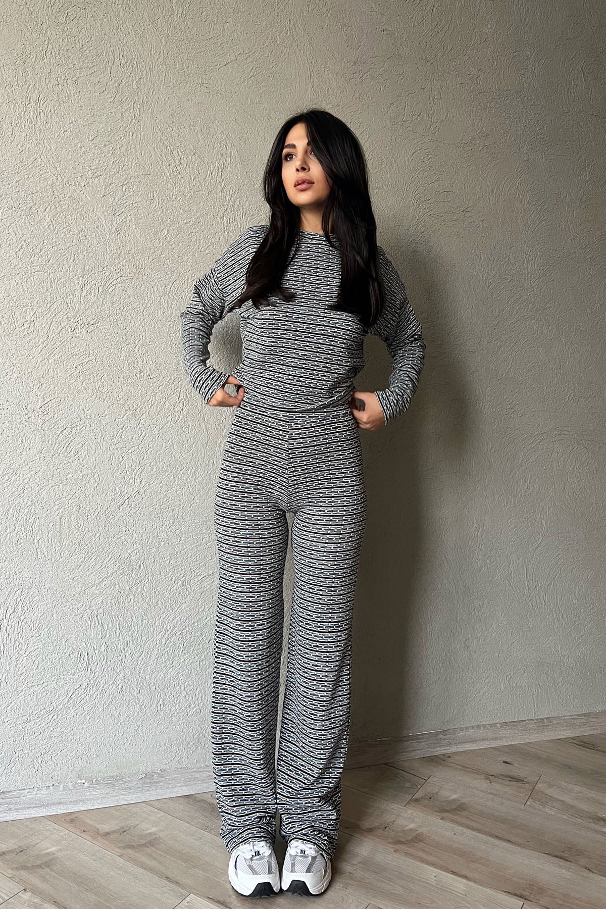 Lacivert -Beyaz Desenli Uzun Kollu Triko ve Pantolon Takım SY-1177-Lacivert
