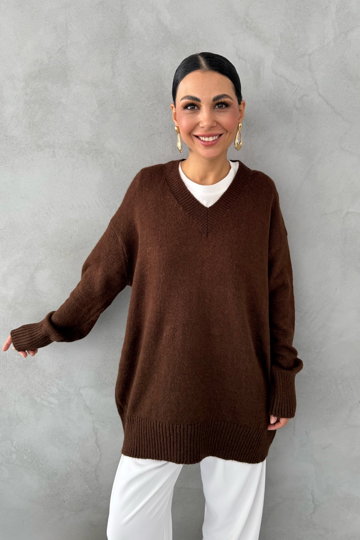 Kahve V Yaka Oversize Pinterest Triko Kazak SY-3348-Kahve