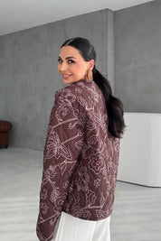 Kahve Etnik Desenli Astarlı Kapitone Mont SY-3448-Kahve