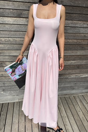 Kalın Askılı Kare Yaka Pembe Elbise SY-3161-Pembe