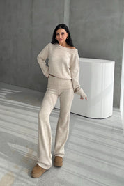 Bej Kayık Yaka Kazak ve Triko Pantolon Takım SY-3429-Bej