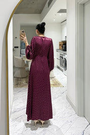 Bordo Puantiyeli Dantelli Saten Elbise SY-3579-Bordo