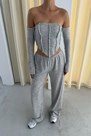 Gri Düşük Omuz Bluz Pantolon İkili Takım SY-2396-Gri