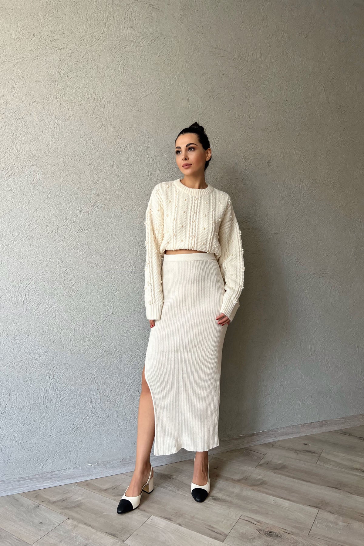 Bej Yandan Yırtmaçlı Triko Etek SY-1224-Bej