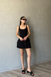 Siyah Kalın Askılı Asimetrik Detaylı Pileli Mini Elbise SY-2124-Siyah