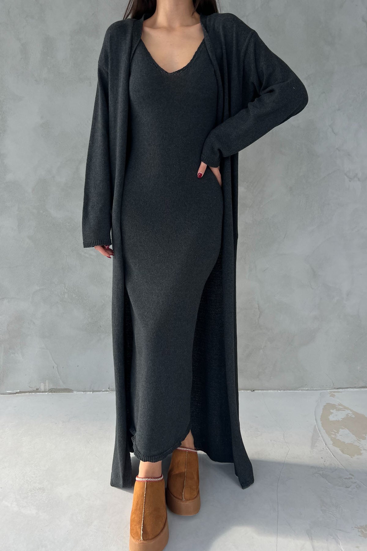 Antrasit V Yaka Uzun Elbise Hırka Triko Takım SY-2716-Antrasit