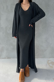 Antrasit V Yaka Uzun Elbise Hırka Triko Takım SY-2716-Antrasit