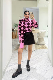 Kendinden Şallı Baklava Desenli Polo Yaka Triko SY-3563-Pembe