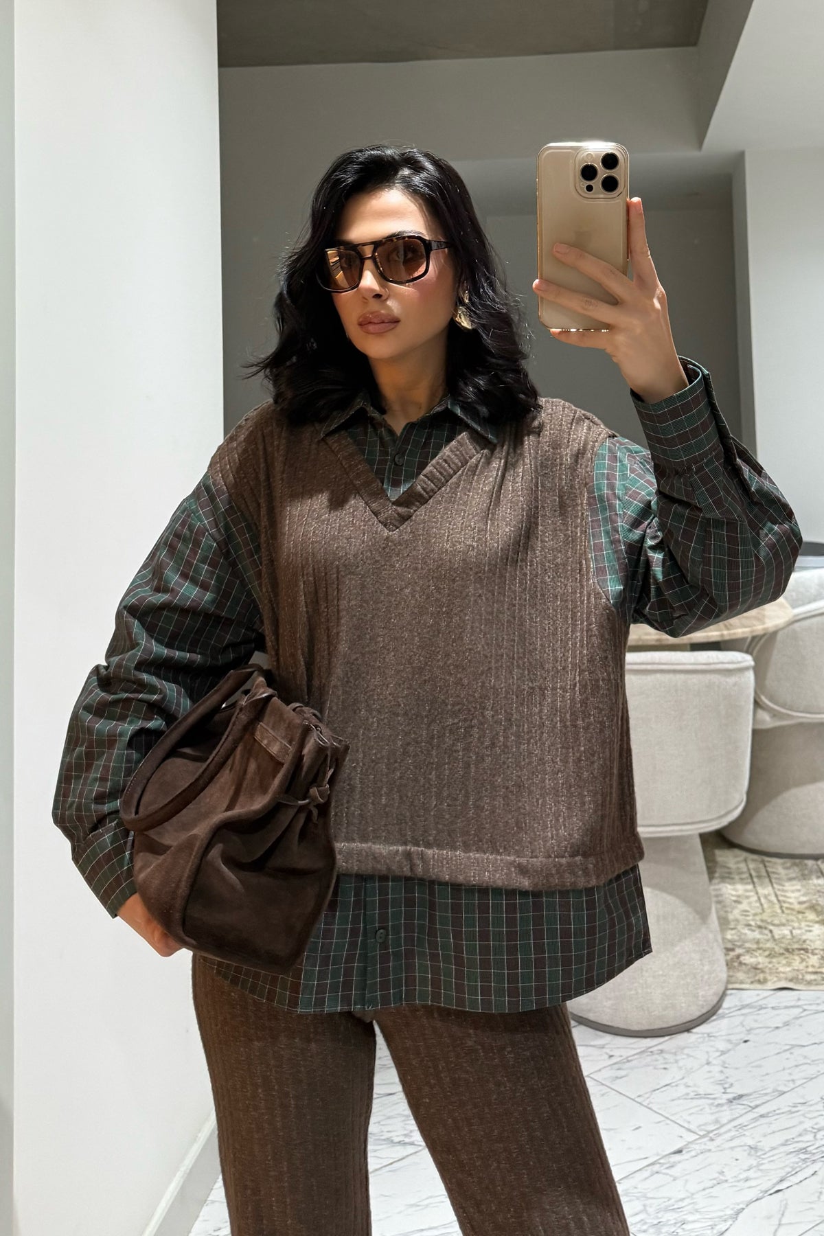 Kahve Yeşil Gömlek Detaylı Triko Pantolon Takım SY-3497-Kahverengi