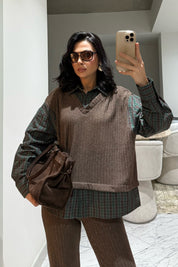 Kahve Yeşil Gömlek Detaylı Triko Pantolon Takım SY-3497-Kahverengi