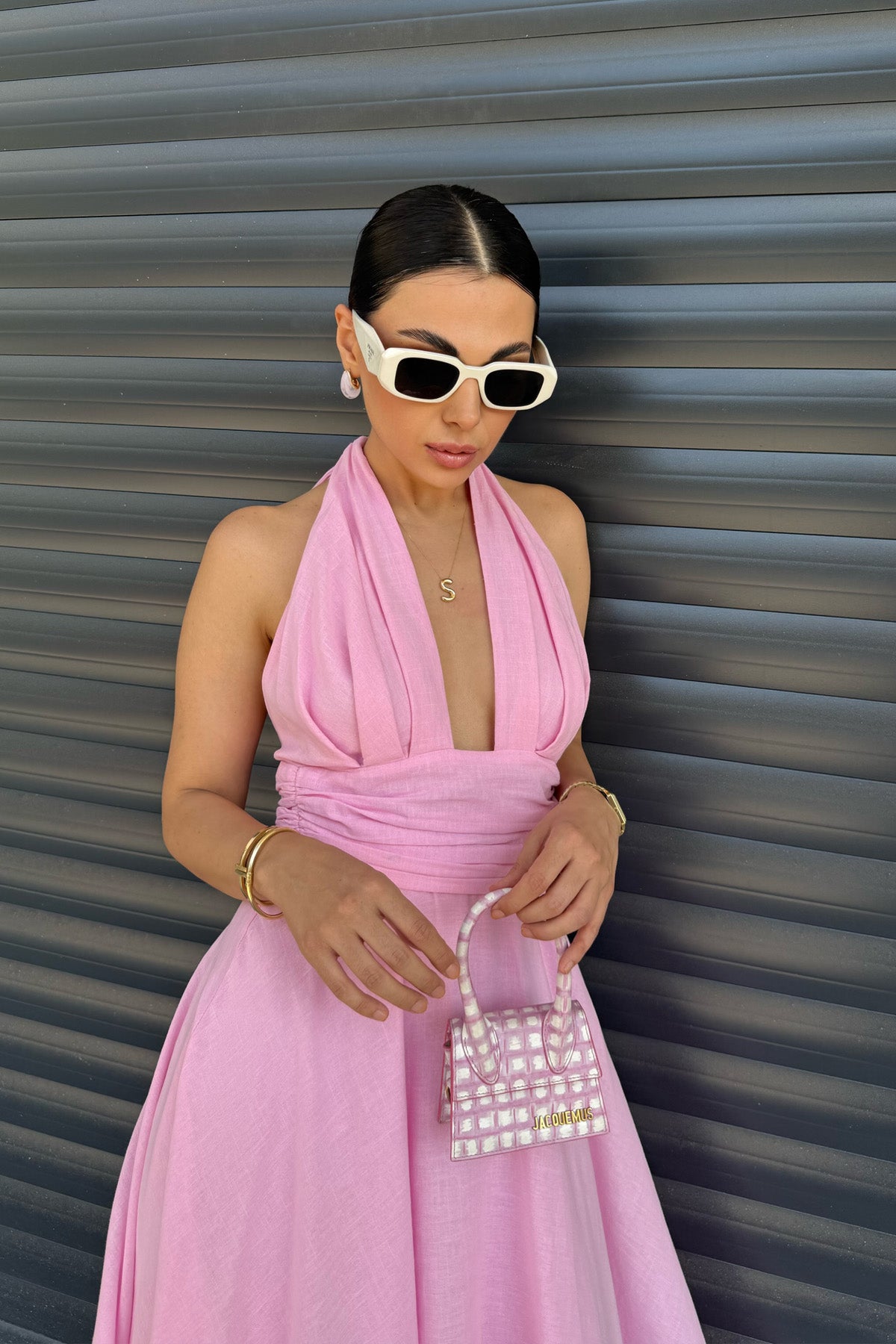 Pembe Puglia Tasarım Sırt Detaylı Keten Elbise SY-2263-Pembe