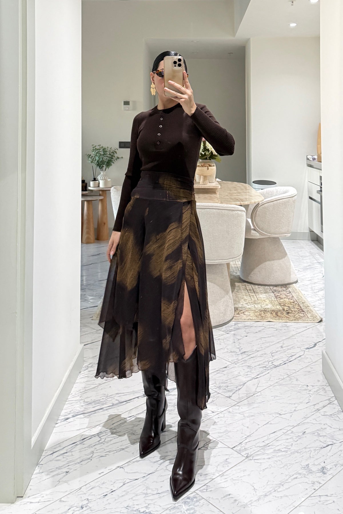 Kahverengi Şal Detaylı Şifon Etek SY-3571-Kahverengi