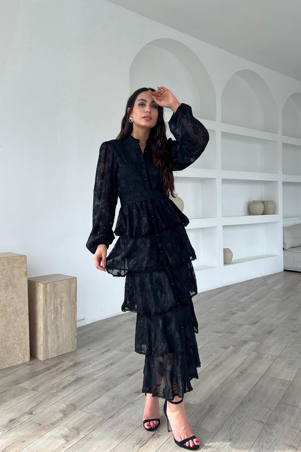 Siyah Valonlu Şerit Detaylı Kat Kat Elbise SY-1747-Siyah