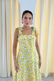 Limon Desenli Omuz Bağcıklı Elbise SY-3308-Limon