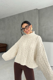 Ekru Saç Örgü Boğazlı Kazak SY-3461-Ekru