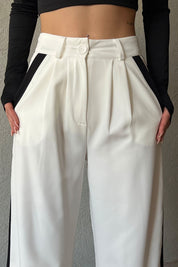 Beyaz Önü Pileli Yandan Şerit Geçişli Palazzo Pantolon SY-1228-Beyaz