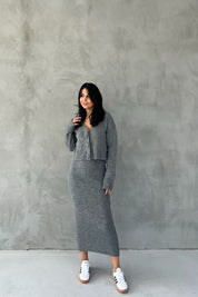 Gri Gül Detaylı Hırka Elbise İkili Takım SY-2448-Gri