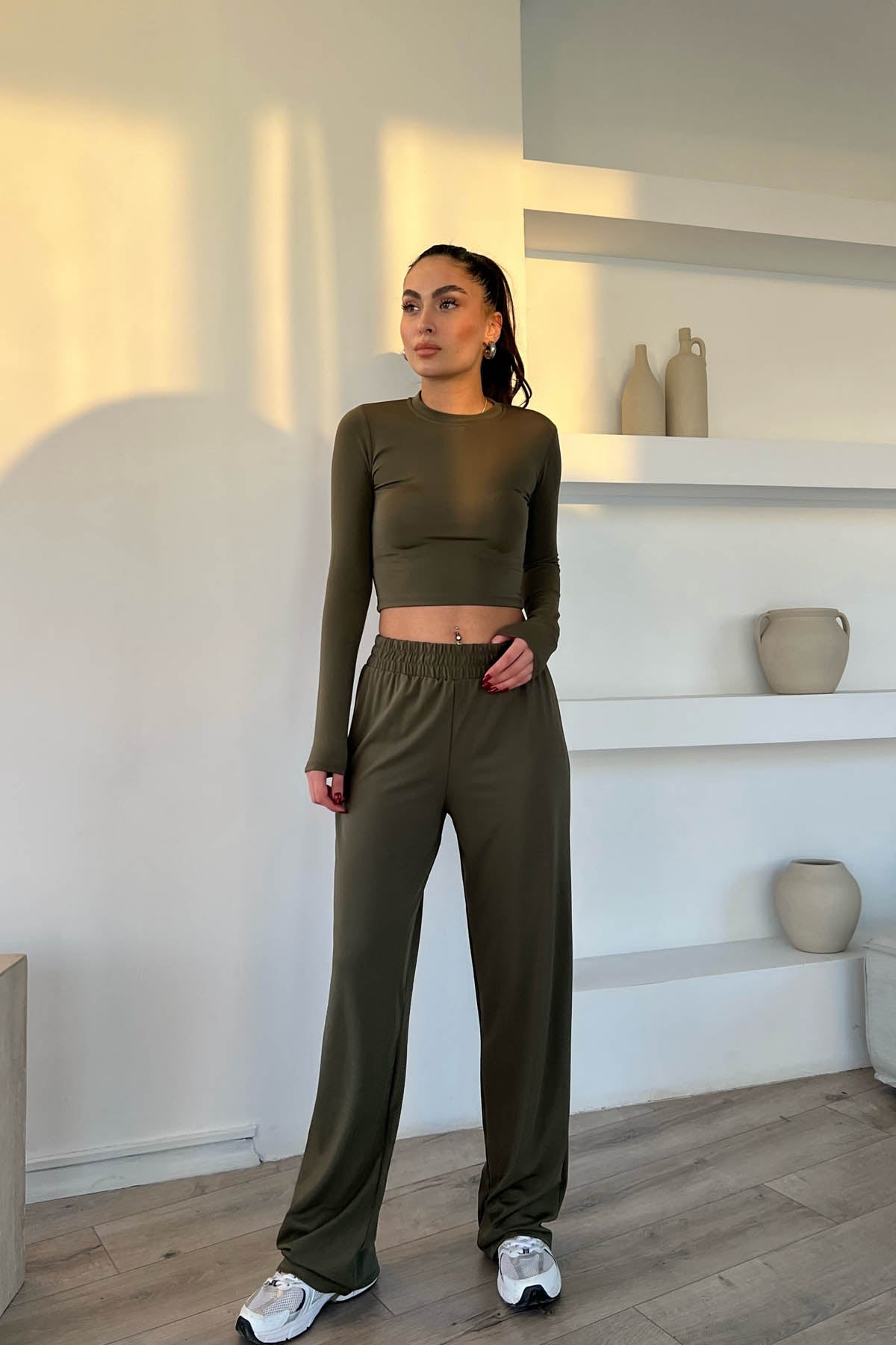 Haki Dalkıç Kumaş Basic Jogger Crop Pantolon Takım SY-1705-Haki
