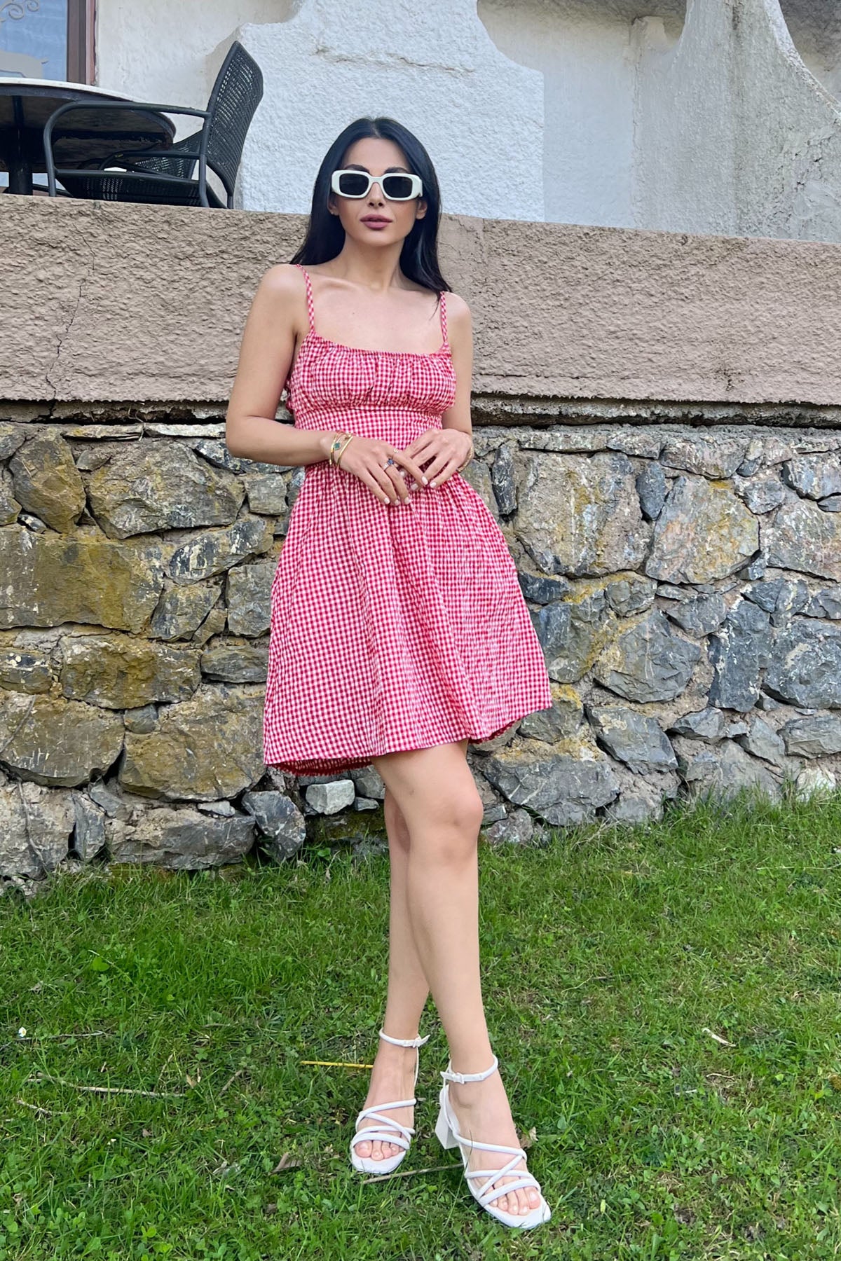 Kırmızı Sırt Detaylı Pöti Kareli Mini Elbise SY-2051-Kırmızı