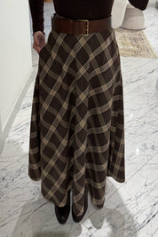 Kahve-Bej Ekose Desenki Kloş Etek SY-3527-Kahverengi