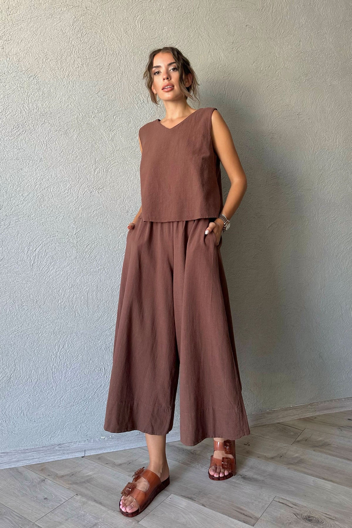 Acı Kahve Keten Bluz ve Beli Lastikli Pantolon Takım SY-0766-Acı Kahve