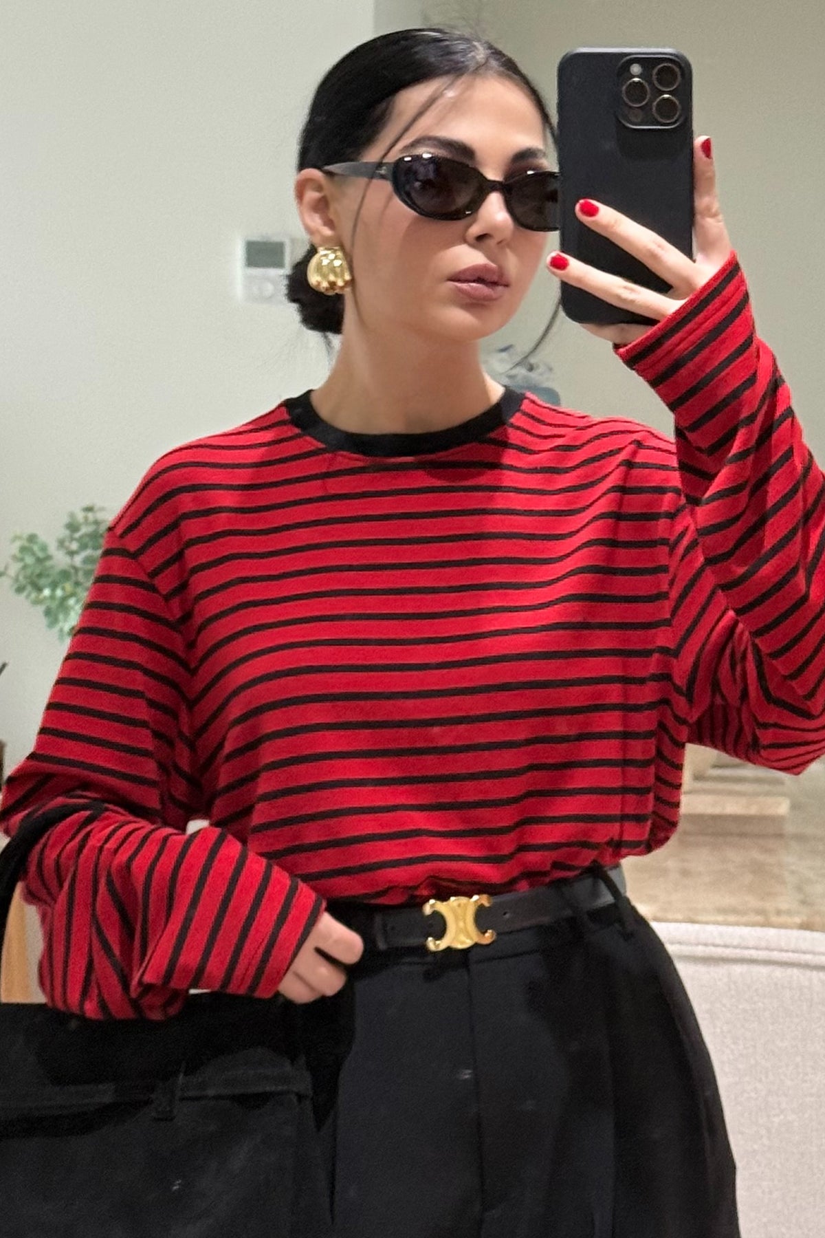 Kırmızı-Siyah Biisiklet Yaka Çizgili Likralı Uzun Kollu T-Shirt SY-3645-Kırmızı