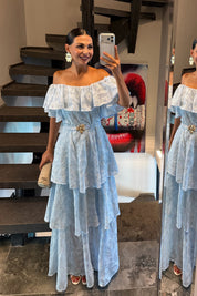 Liora Işıltılı Mavi Kat Kat Volanlı Elbise SY-3737-Mavi