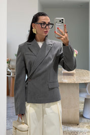 Gri Kruvaze Yandan Düğmeli Blazer Ceket SY-2546-Gri