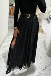 Ekose Desenli Yırtmaç Detaylı Siyahlı Gri Çizgili Kloş Etek SY-3494-Siyah