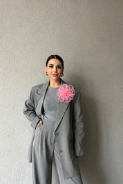 Gri Broş Detay Ceket ve Palazzo Pantolon Takım SY-1568-Gri