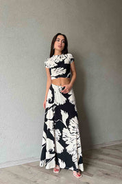 Bej Siyah Desenli Beli Lastikli Maxi Etek Bluz Takım SY-1833-Bej