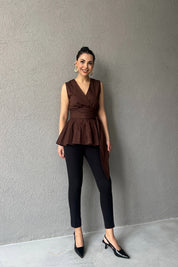 Kahve Sıfır Kol Poplin Bağlama Detaylı Marka Bluz SY-2981-Kahve