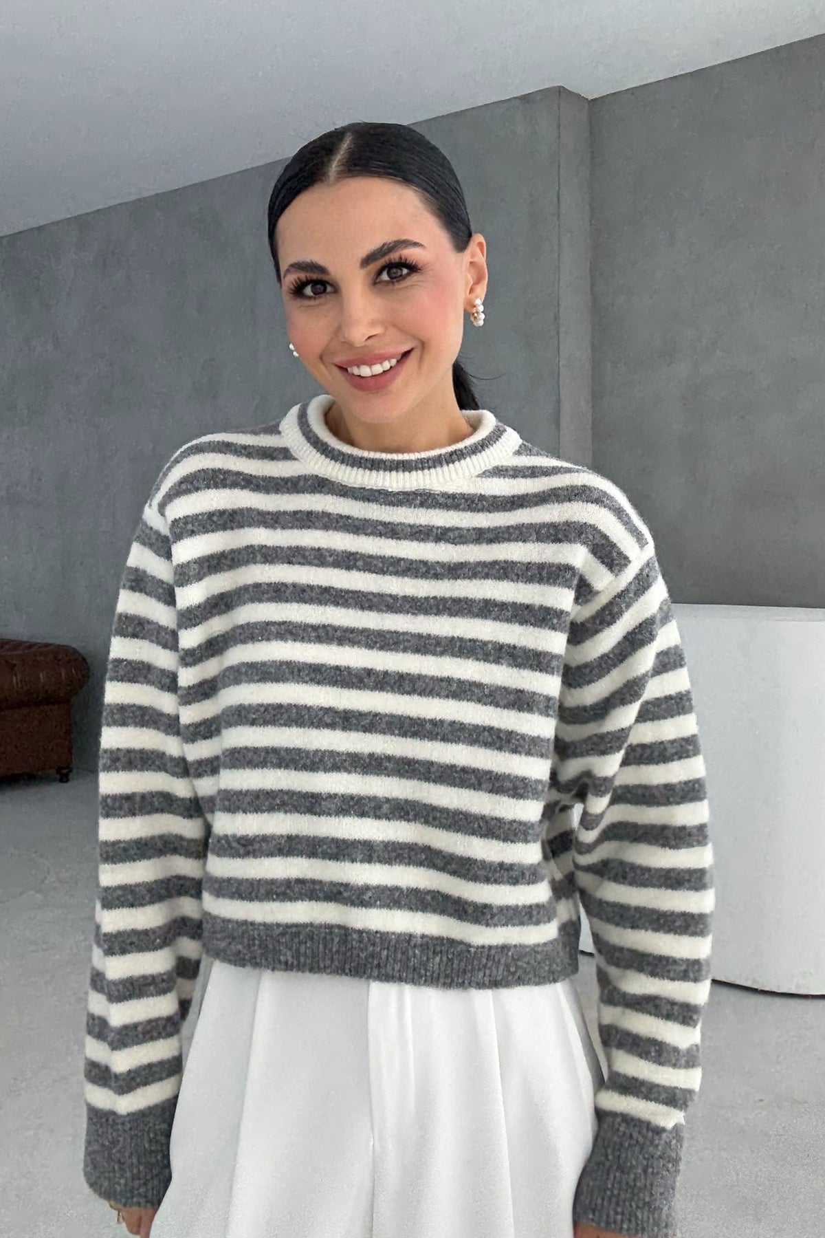 Gri Çizgili Yumuşak Triko Kazak SY-3434-Gri