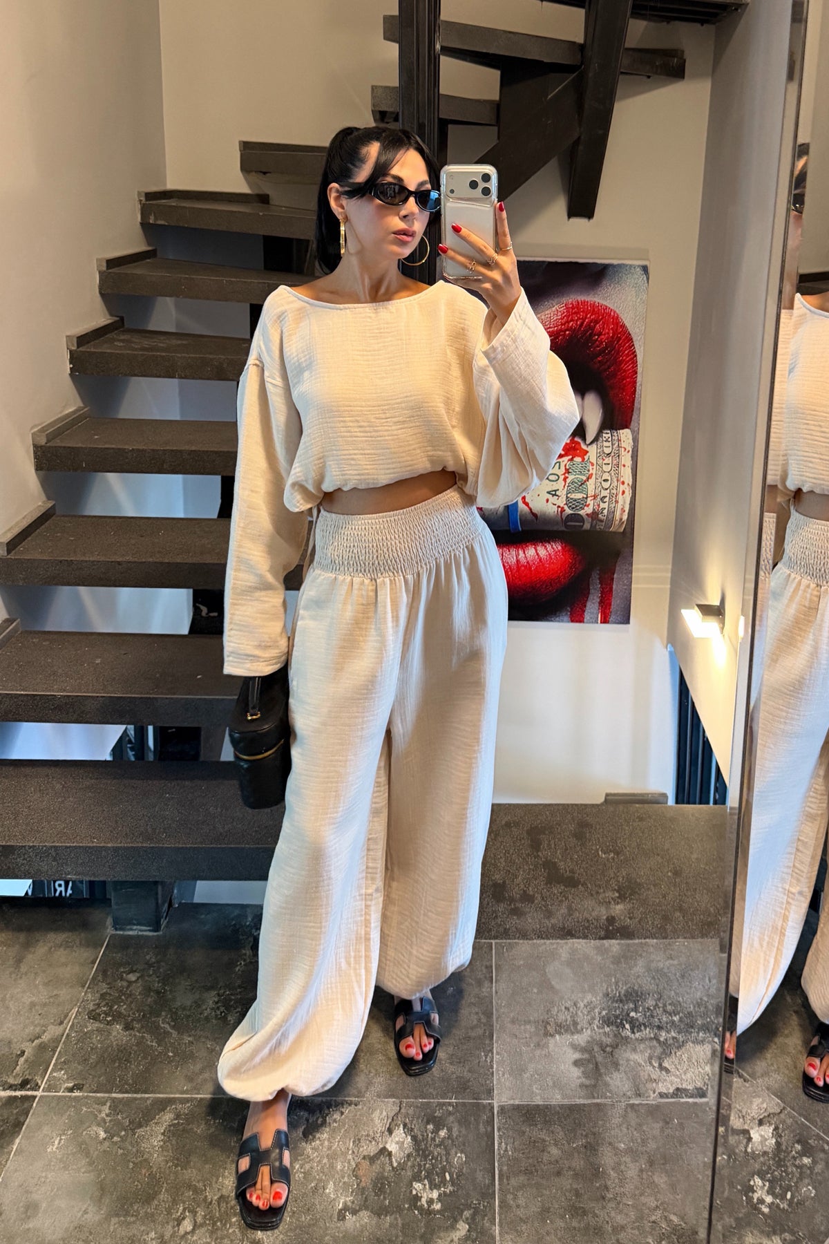 Bej Gipeli Bel Pantolonlu Müslin Takım SY-3783-Bej