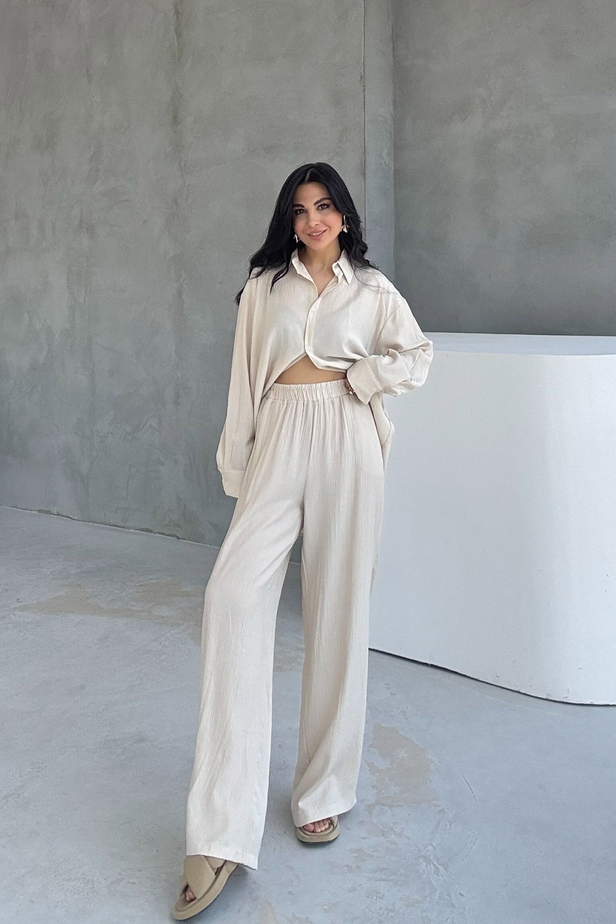 Bej Alice Gömlek Ve Bol Kesim Pantolon Takım SY-3095-Bej