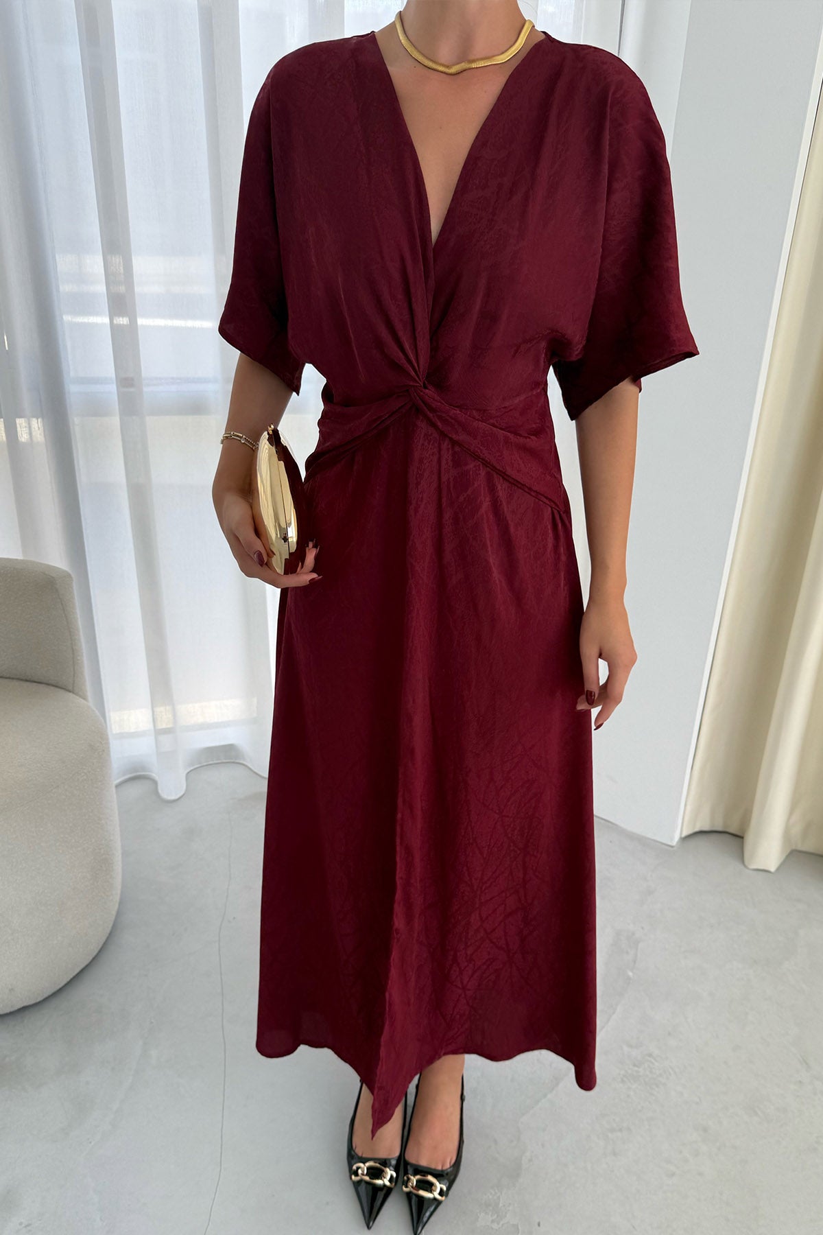 Bordo Düğümlü Kısa Kol Detaylı Desenli Elbise SY-3335-Bordo